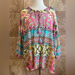 Orientique Naturally Australian Mixed Print Boho Top with Tassel Tie Size XL